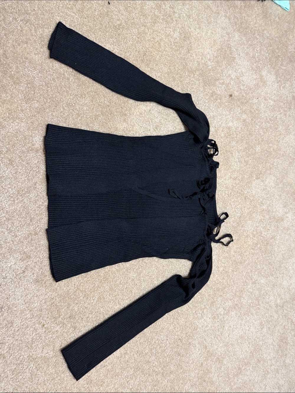 Off-Shoulder Black Bow-Tie Ribbed Sweater